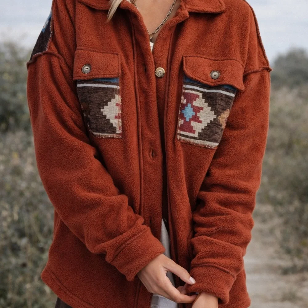 Easel Rust Button Fleece Shacket - Picture 5 of 8